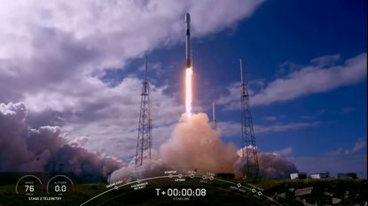 A SpaceX Falcon 9 rocket making its fourth trip to space launches 60 new Starlink internet satellites into orbit from Cape Canaveral Air Force Station in Florida on Nov. 11, 2019.