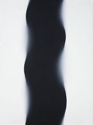 A Wojciech Fangor’s painting. A thick black blurred line going down a white background.