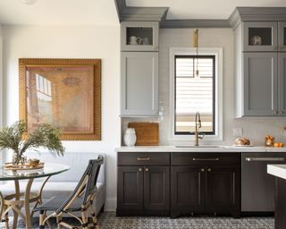 kitchen with black lower cabinets, gray upper cabinets, white walls and modern decor