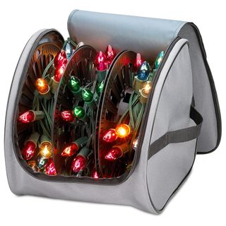 A grey Christmas tree light storage bag