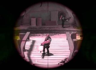A look through the Sniper's scope at his quarry, the Heavy Weapons Guy.