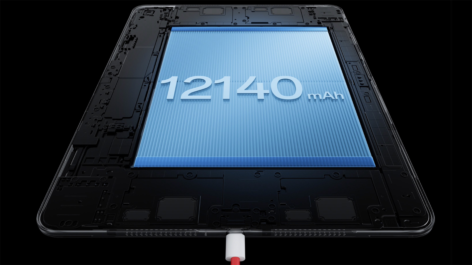 Graphic showing interior of OnePlus Pad 3 and its 12140mAh battery