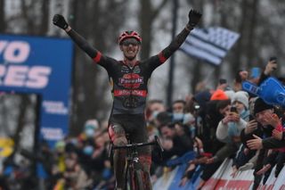 Belgian Michael Vanthourenhout celebrates as he crosses the finish line to win the mens elite race at the Cyclocross World Cup cyclocross event in Namur Belgium Sunday 19 December 2021 the tenth stage out of 16 in the World Cup of the 20212022 seasonBELGA PHOTO DAVID STOCKMAN Photo by DAVID STOCKMANBELGA MAGAFP via Getty Images