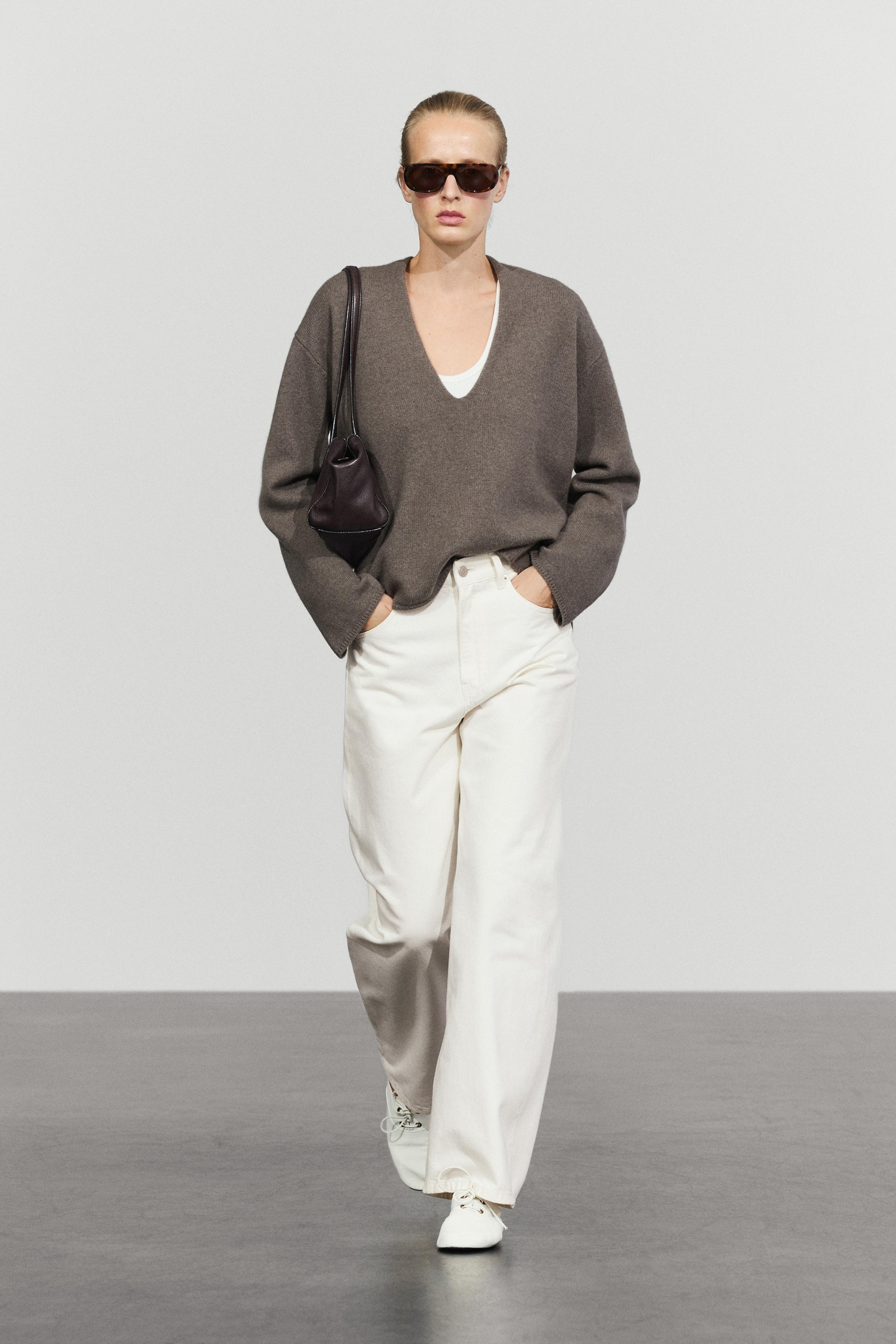 Long-Line Knit Sweater With Neckline Detail