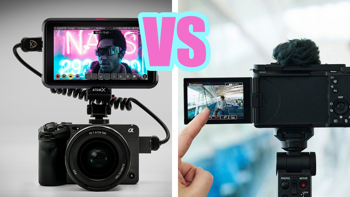 Product image of Sony FX3 with Atomos monitor/recorder (left), Sony ZV-E1 with finger pointing to vari-angle screen, with &#039;VS&#039; text in the center 