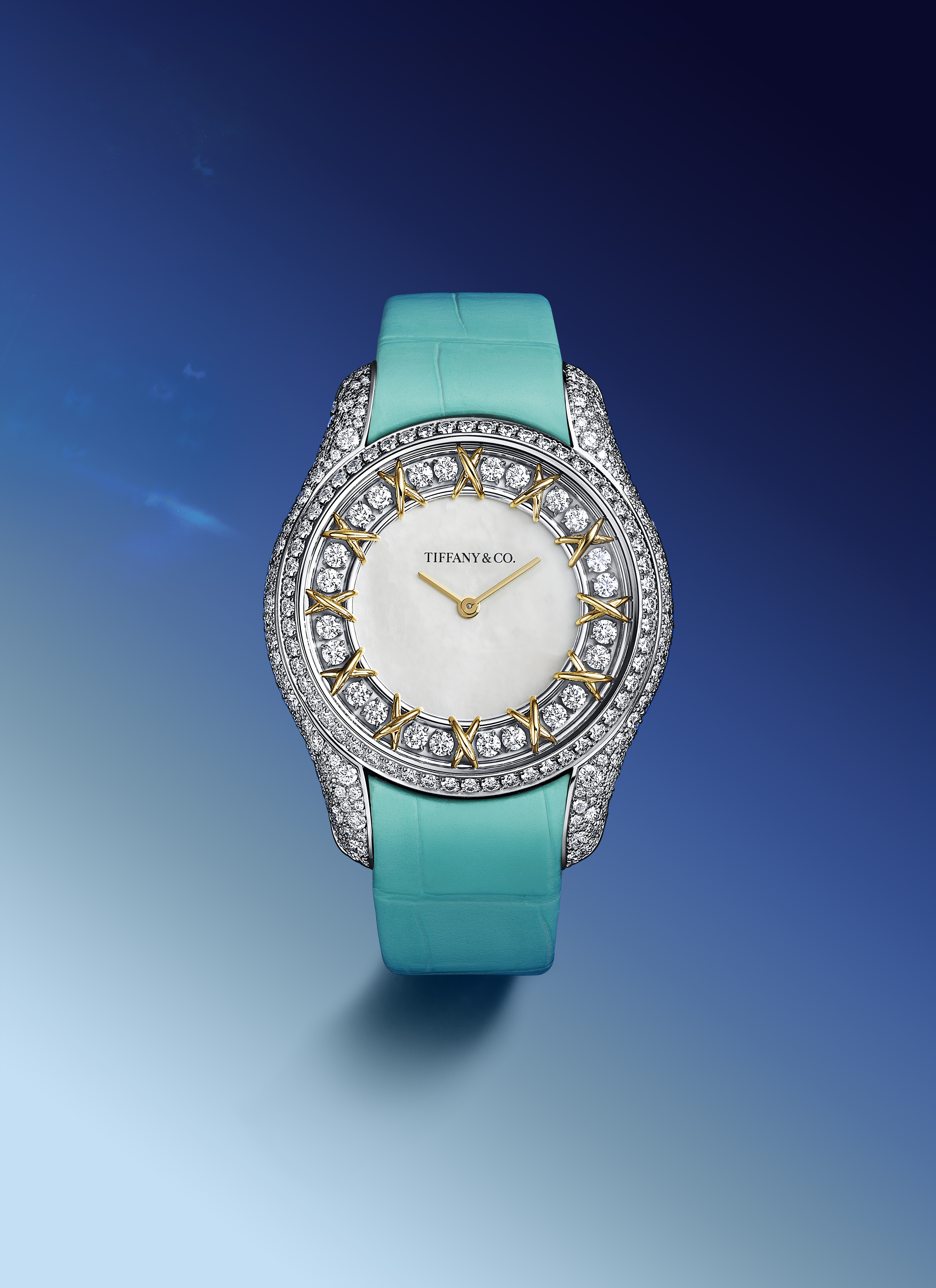 New Tiffany &amp;amp; Co watch with mother-of-pearl dial, blue strap and gemstones