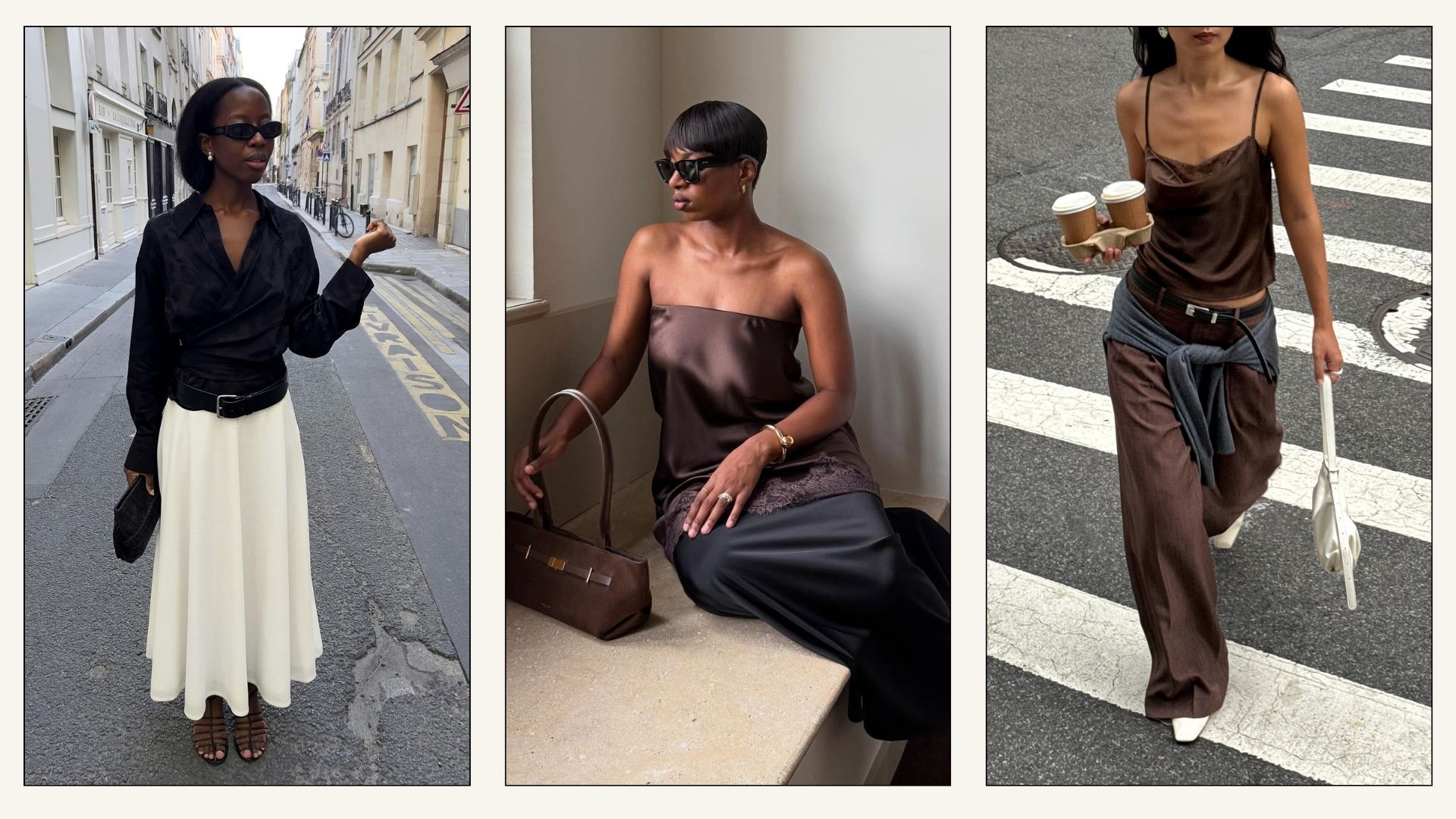 Collage of influencers wears satin tops with trousers and skirts