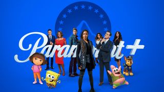 The Paramount Plus logo with an assortment of news persons and actors/animated characters in front of it.