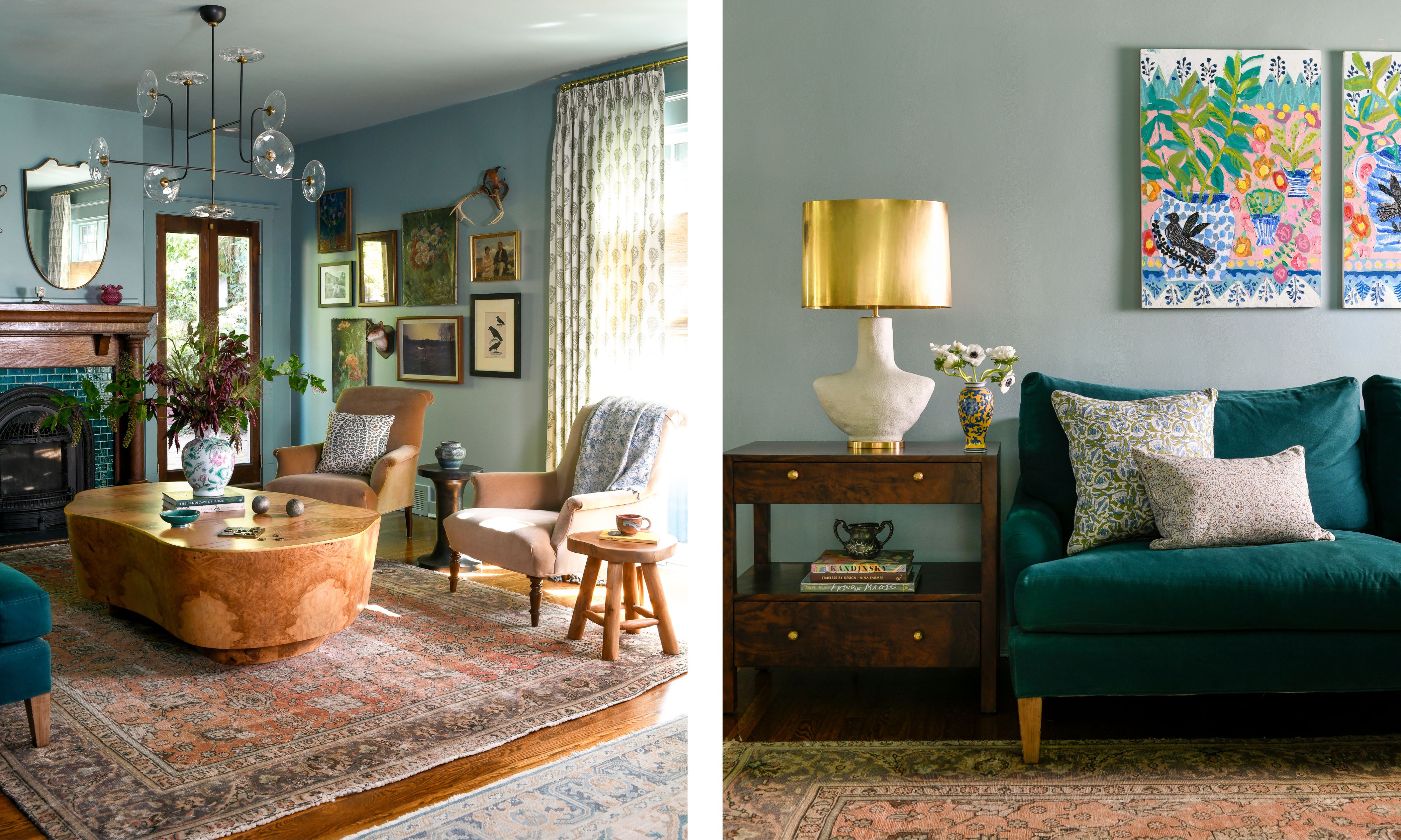 Two images of a pale blue living room with a teal sofa, a pink rug, and eclectic and vintage decor throughout.
