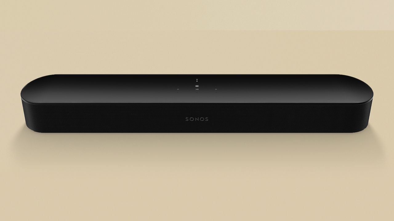 Sonos Beam 2nd Gen review, unit in black on yellow background