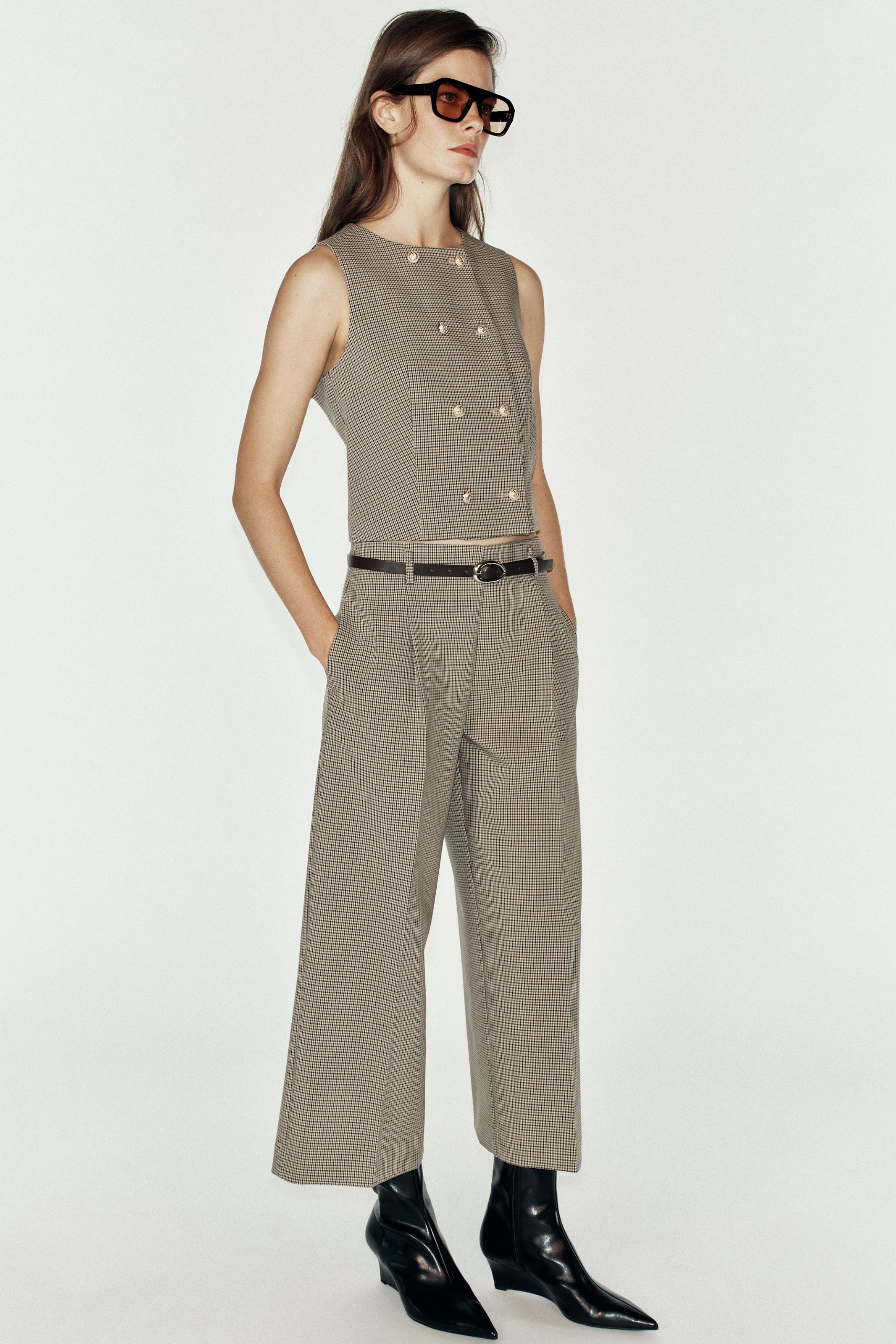 Checked Trousers With Belt - Brown - Xs