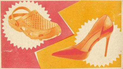 Photo collage of a croc and a fancy heeled shoe