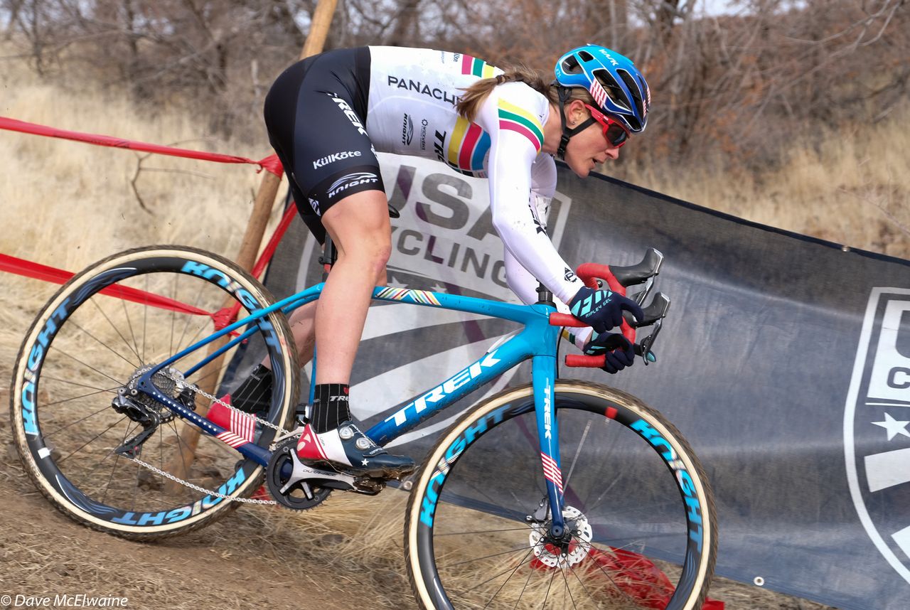 Katie Compton (Trek Cyclocross Collective) rounding the downhill switchbacks with ease