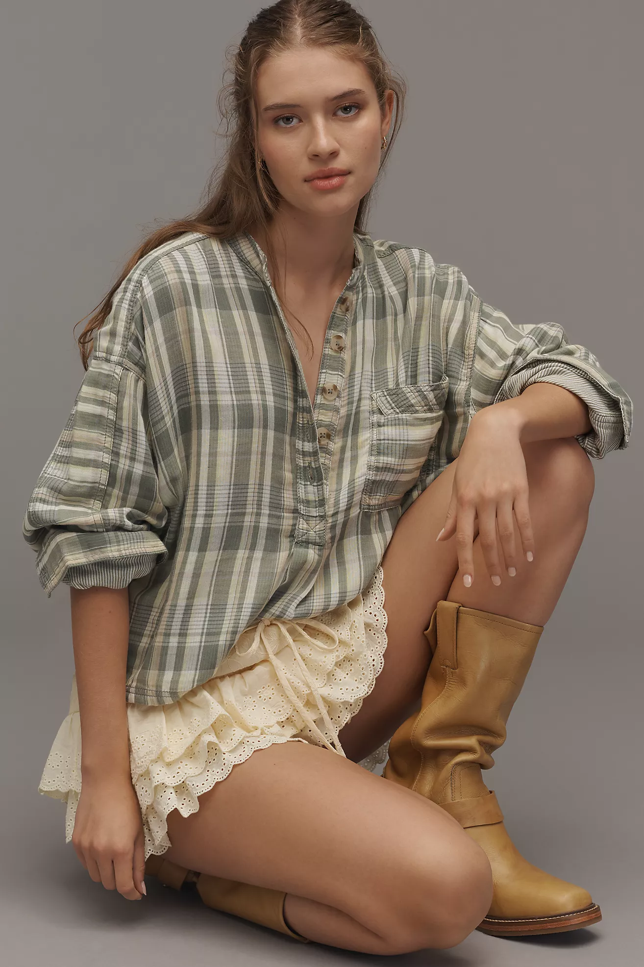 Pilcro Long-Sleeve Buttondown Swing Top