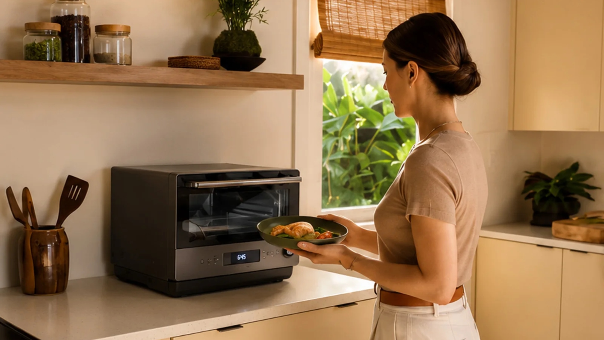 A woman places her leftovers into the Panasonic Japanese Microwave