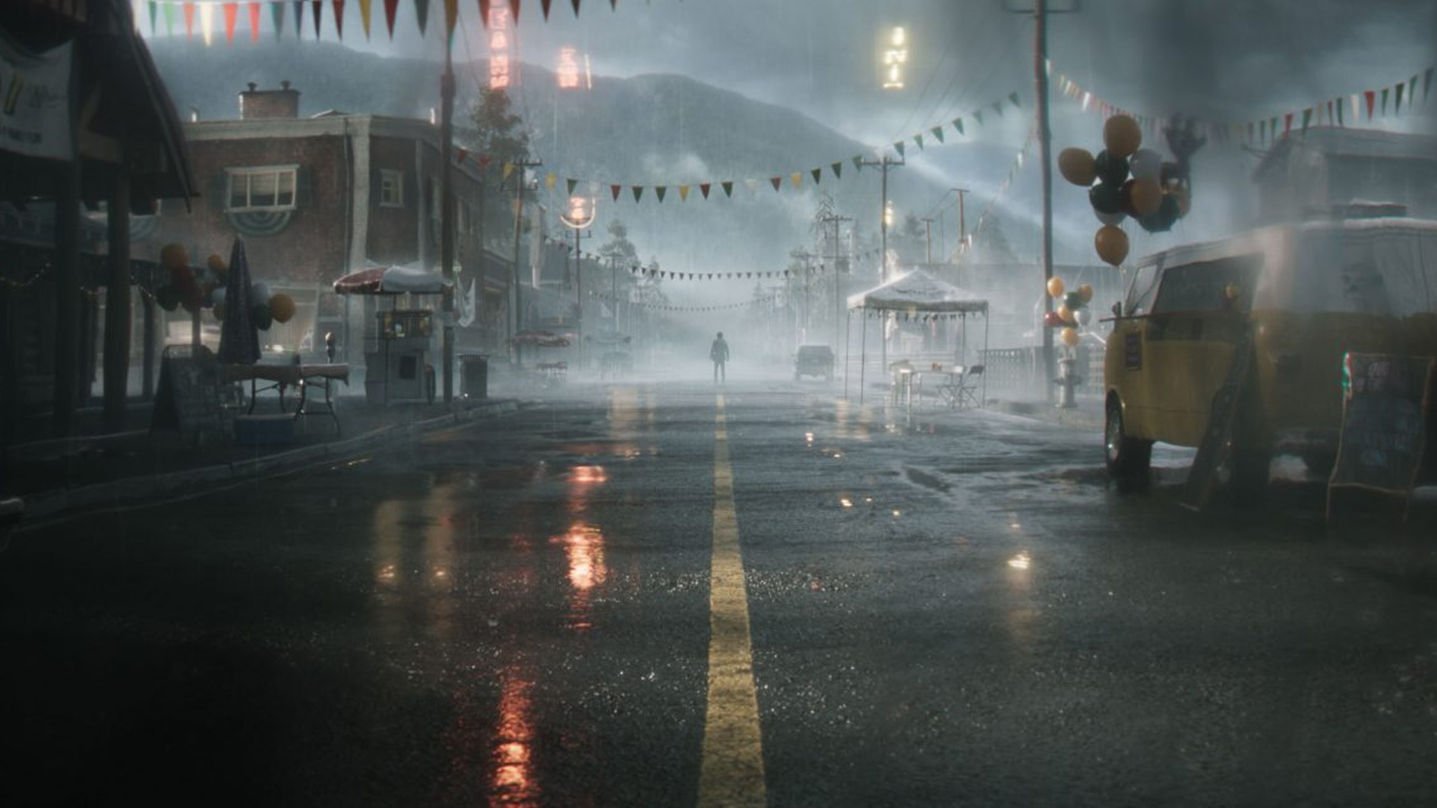 Alan Wake 2 reveal trailer screencap of a rainy Bright Falls town
