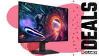 A Samsung Odyssey G5 G50SF QHD QD-OLED gaming monitor on a pink and white deals background with "Deals" text running down the right hand side