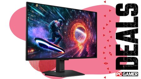A Samsung Odyssey G5 G50SF QHD QD-OLED gaming monitor on a pink and white deals background with "Deals" text running down the right hand side
