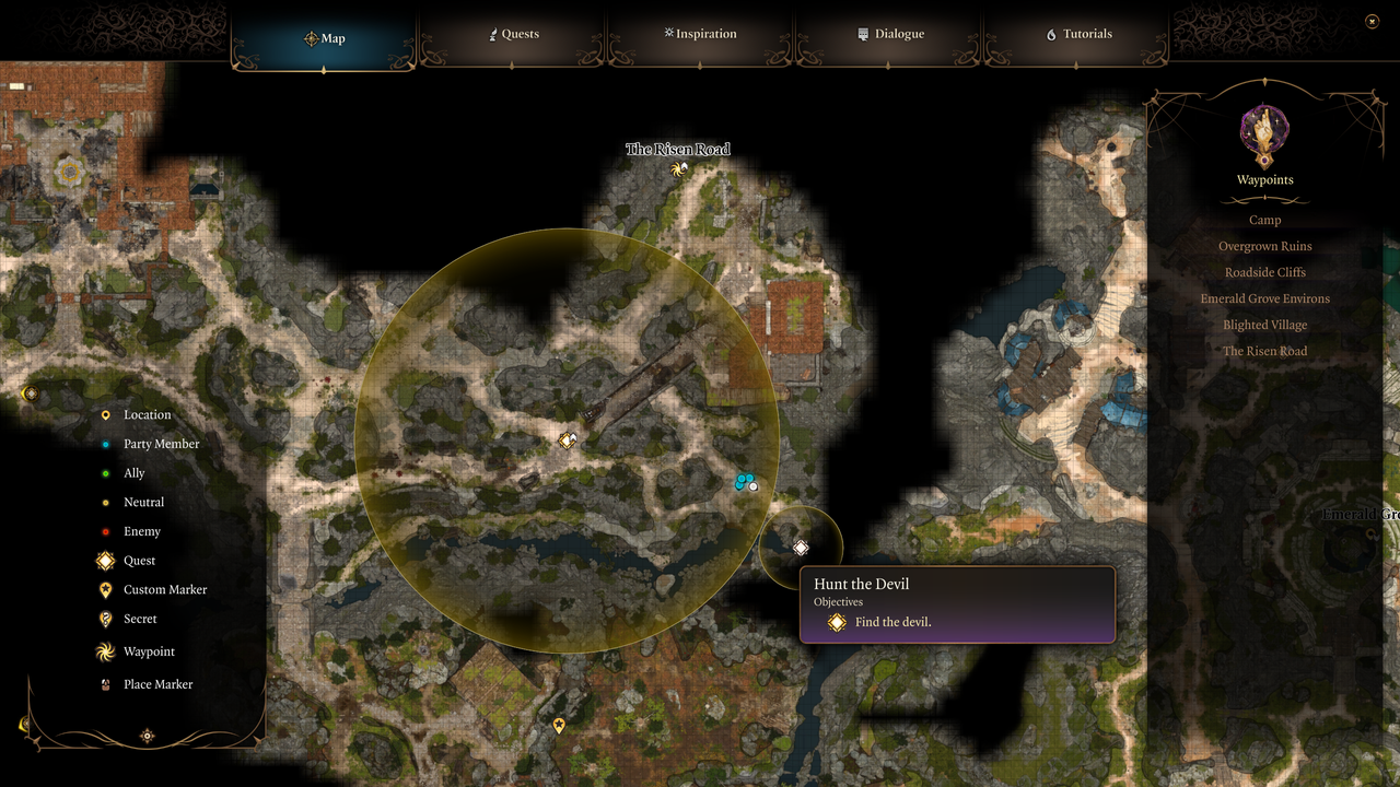 Baldur's Gate 3 - Karlach location, map showing Tav and party south of the Risen Road waypoint near a river