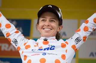 Katie Hall in the polka dot jersey at the Women's Tour