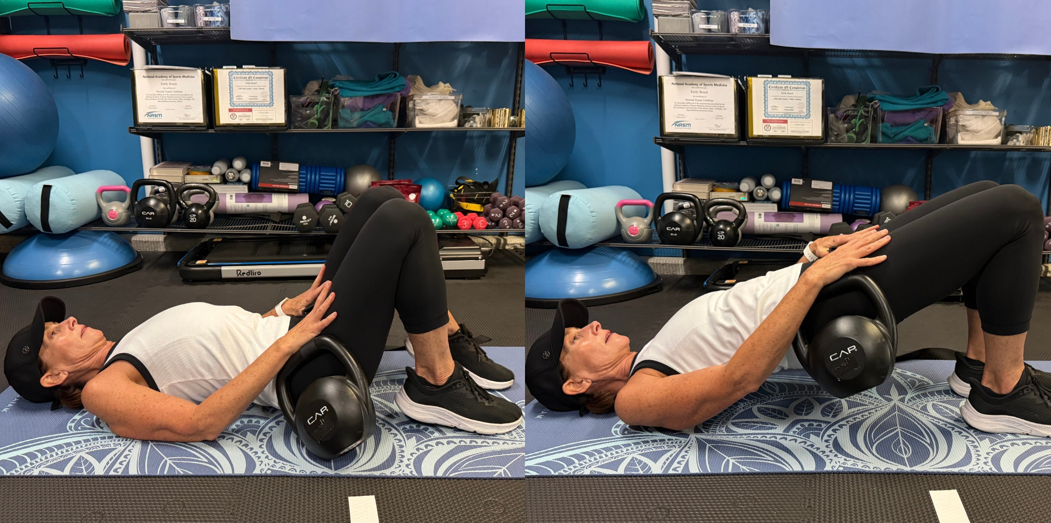 Two images side by side of woman demonstrating two positions of the kettlebell hip bridge
