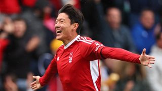 Hwang Ui-Jo of Nottingham Forest celebrates after scoring a goal in a pre-season friendly ahead of Eintracht Frankfurt vs Nottingham Forest.