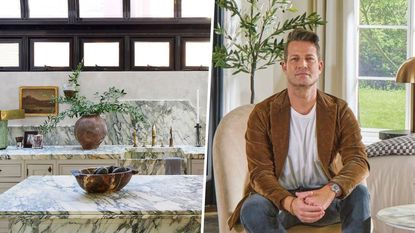 A photo of Nate Berkus sitting on a chair next to a photo of his kitchen with skylights and bold marble countertops and backsplash