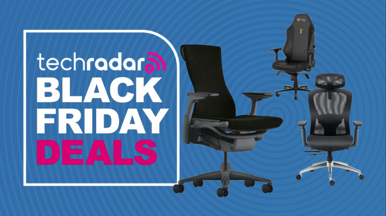 Herman Miller Embody, Boulies EP200, and Secretlab Titan office chairs on a blue background next to a TechRadar badge reading &#039;Black Friday deals&#039;