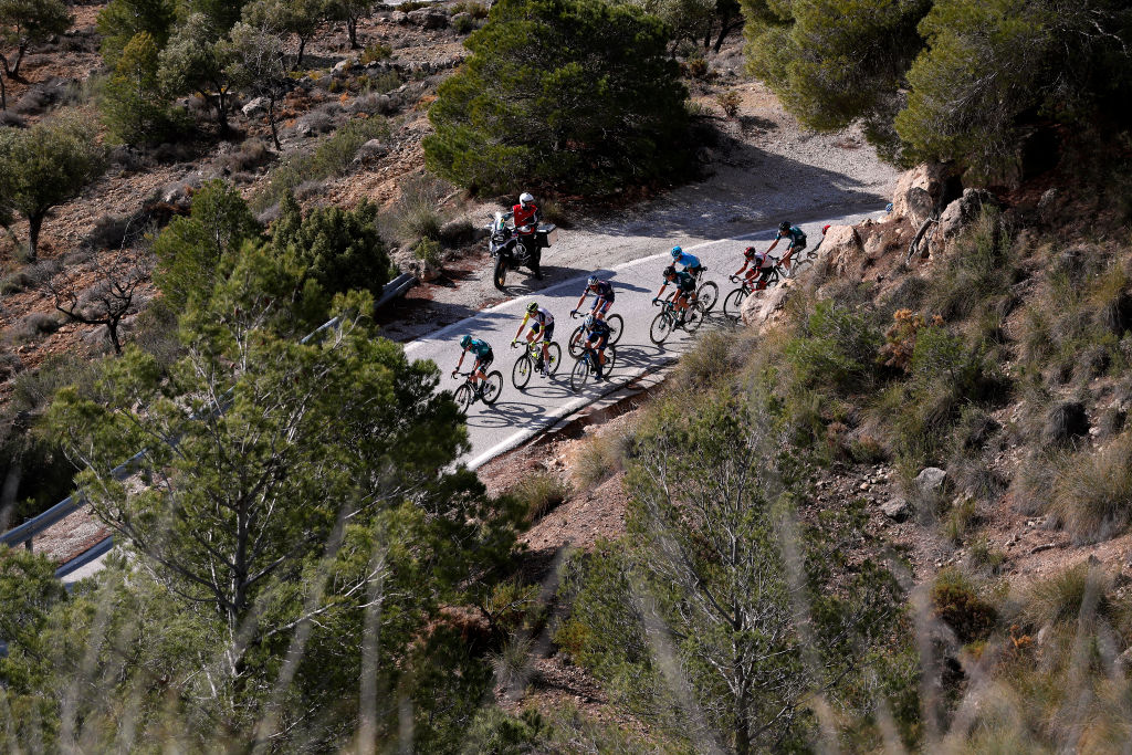 CHICLANA DE SEGURA SPAIN FEBRUARY 20 A general view of the peloton passing through a landscape during the 68th Vuelta A Andalucia Ruta Del Sol 2022 Stage 5 a 1644km stage from Huesa to Chiclana De Segura 870m 68RdS on February 20 2022 in Chiclana De Segura Spain Photo by Bas CzerwinskiGetty Images