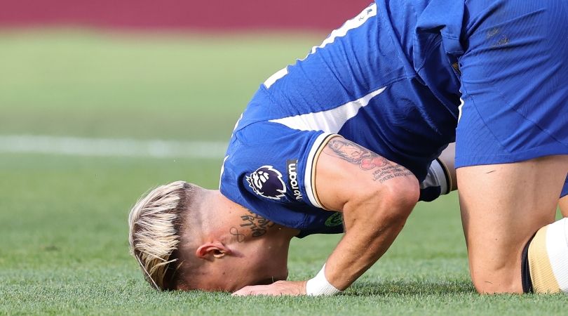 Mykhaylo Mudryk of Chelsea looks dejected during the Blues&#039; defeat to West Ham in August 2023.