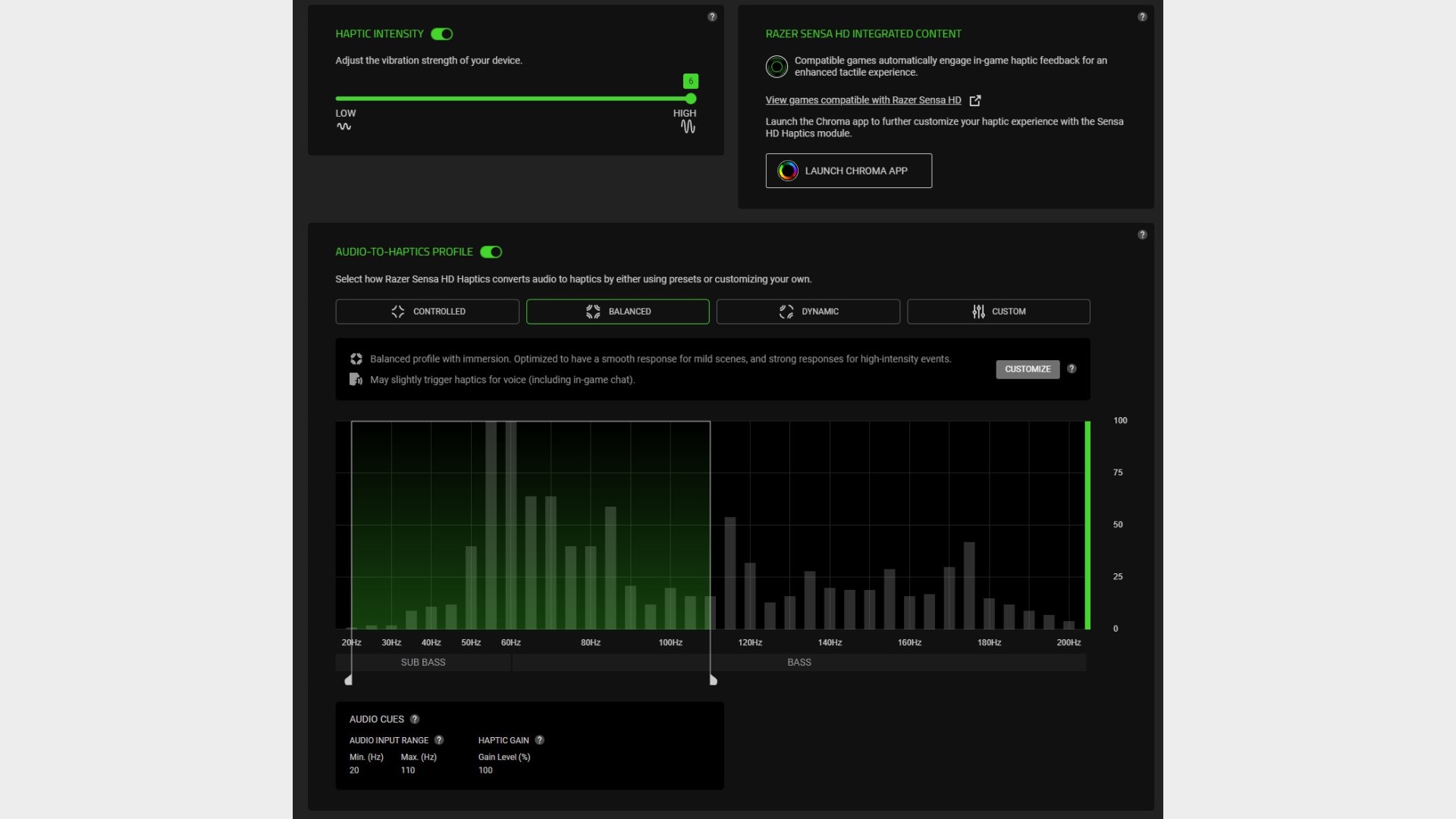 Razer Synapse 4 program used to adjust haptic feedback range on Razer Kraken V4 Pro headset