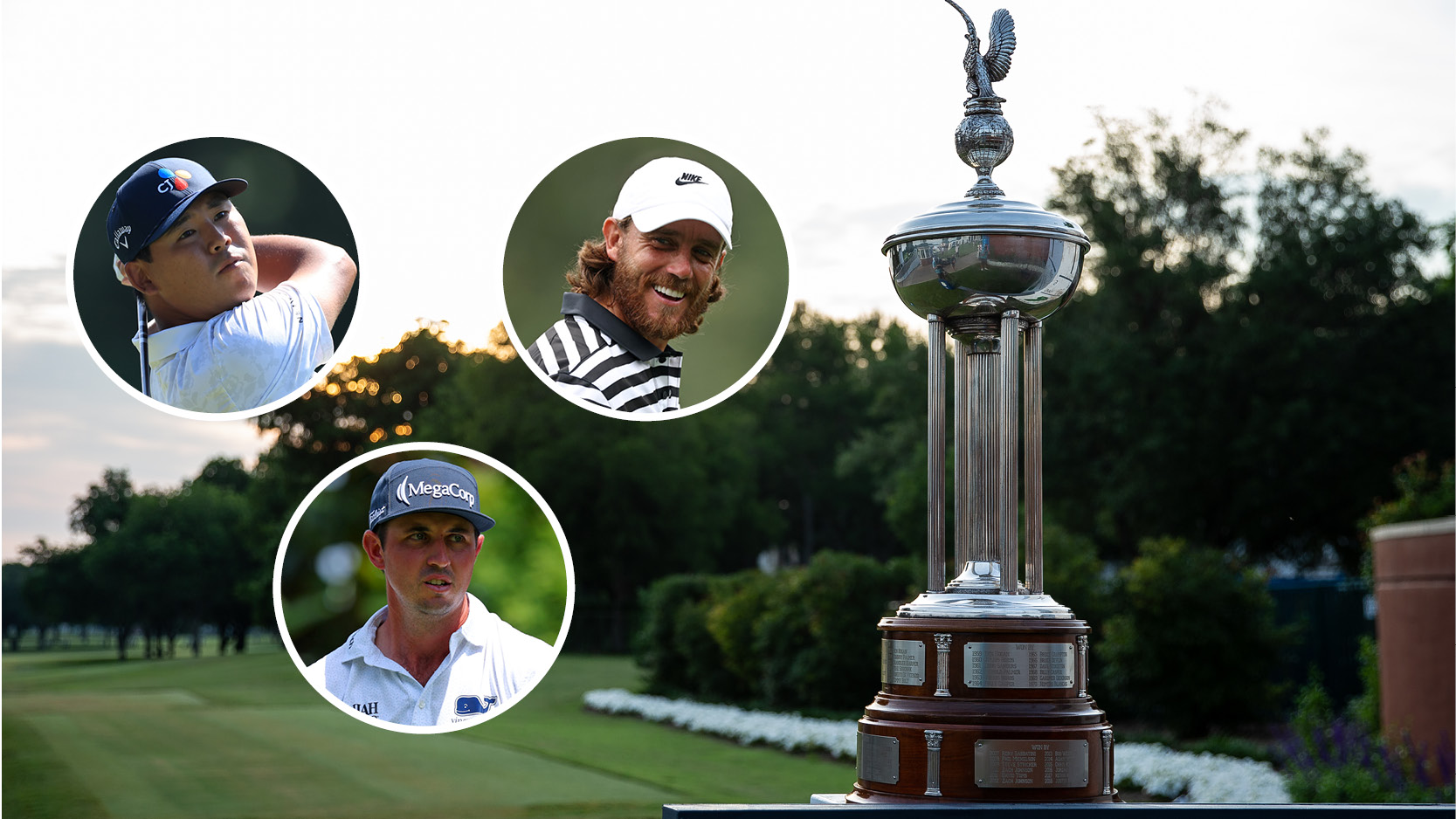 The Charles Schwab Challenge trophy and three golfers in circles