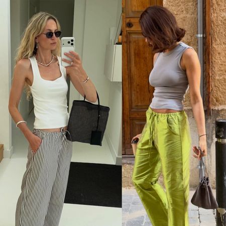 Influencers wearing tank, low-rise drawstring pants, flip-flops outfits