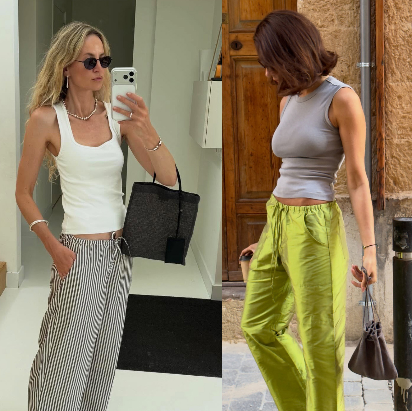 Influencers wearing tank, low-rise drawstring pants, flip-flops outfits