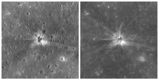 Two images showing the impact site of the Apollo 16 mission's S-IVB rocket stage, which hit the lunar surface in April 1972. Each image shows a swathe of the moon 1,300 feet (400 meters) wide; north is up.
