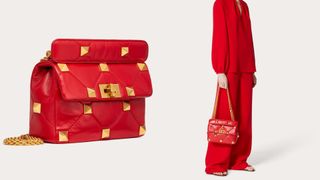 composite of Valentino Medium Roman Stud Shoulder Bag in red
