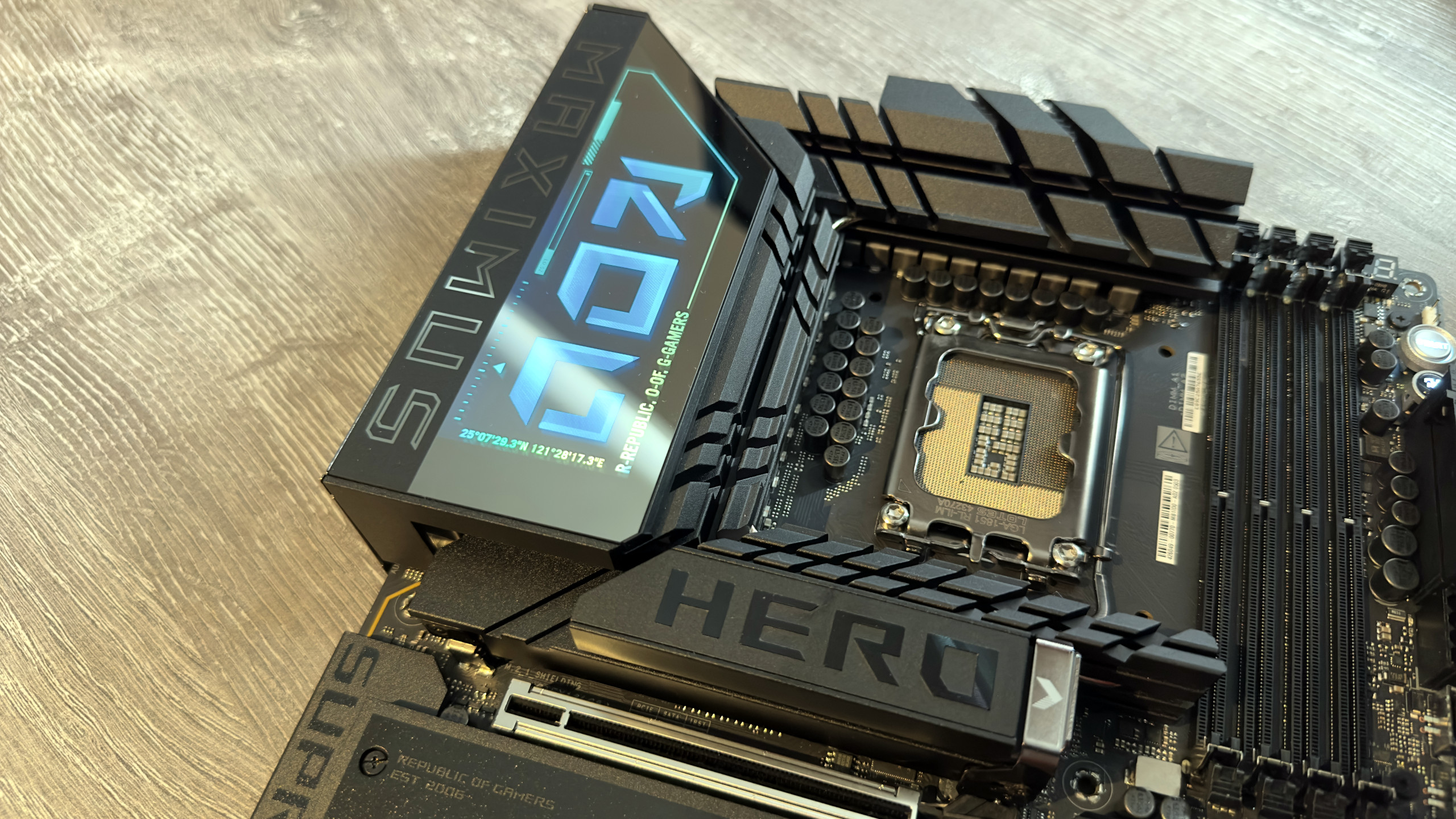 A close up photo of the Asus ROG Maximus Z890 Hero motherboard