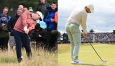 Robert MacIntyre and Rory McIlroy both strike shots on the 18th hole