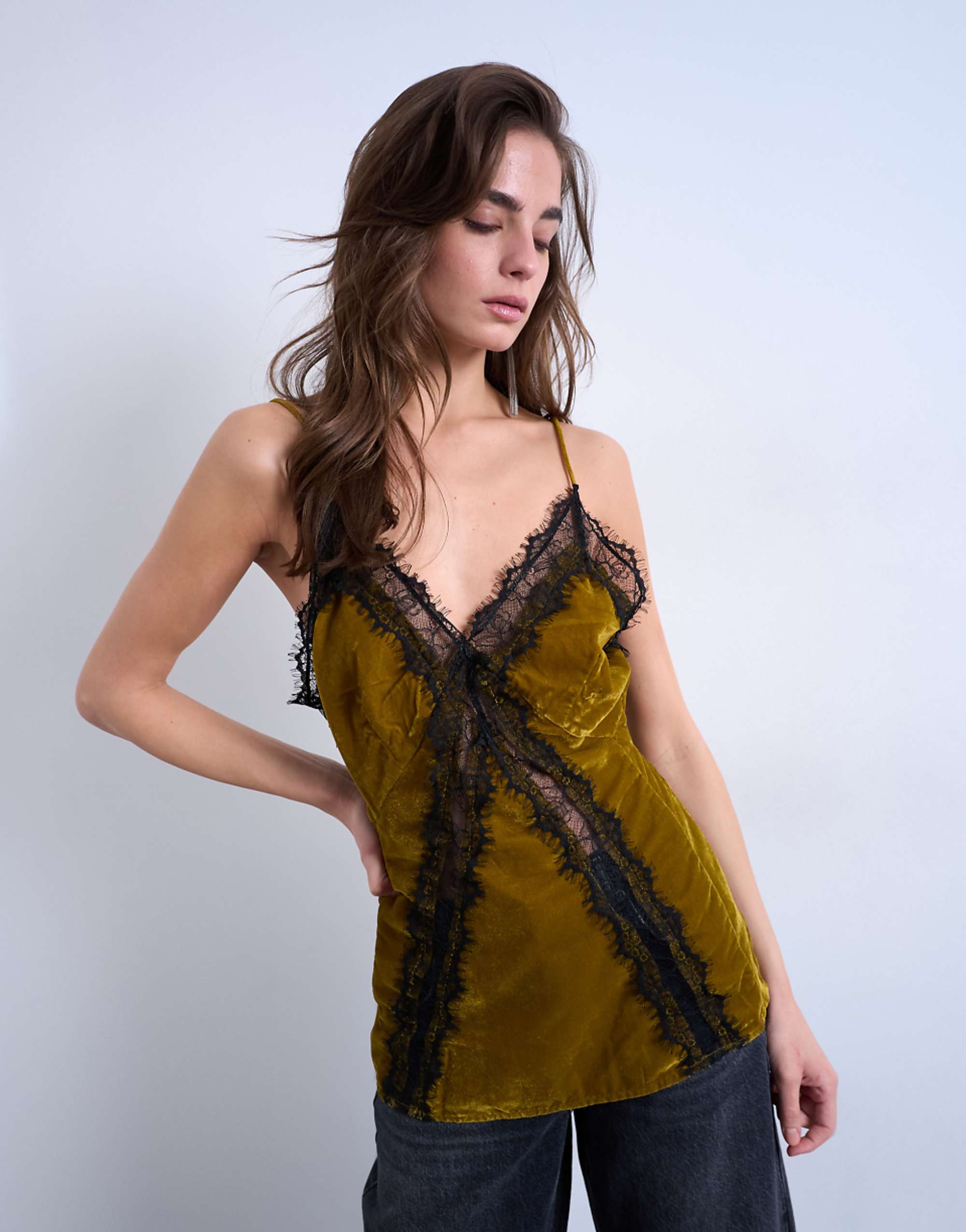Topshop Velvet Lace Cami With Contrast Lace in Olive