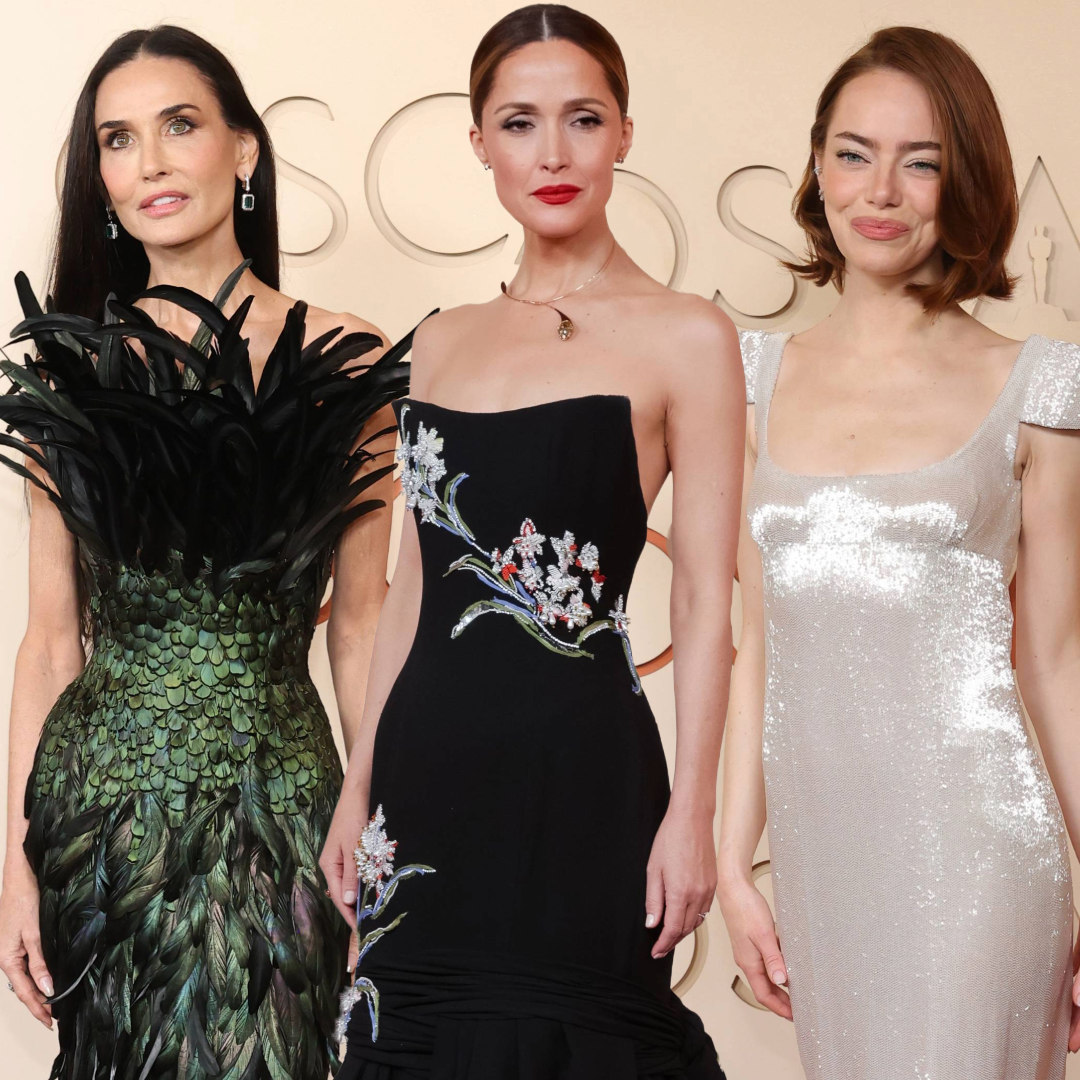 Collage of demi moore, rose byrne, and emma stone at the 2026 oscars 