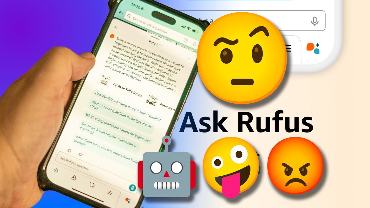 Amazon&#039;s Ask Rufus with Future image and emoji to illustrate confusing and anger