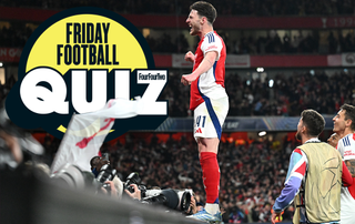 Declan Rice celebrates a goal for Arsenal next to the "Friday Football Quiz" logo