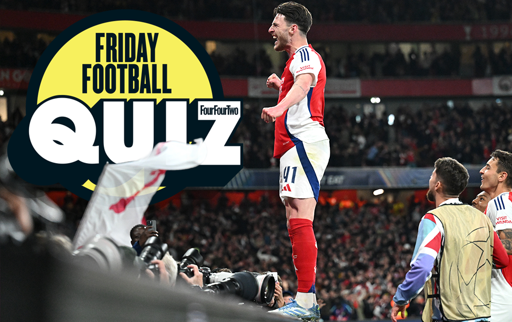 Declan Rice celebrates a goal for Arsenal next to the "Friday Football Quiz" logo