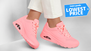 Skechers Uno Stand On Air sneakers in pink on white grey background with Tom's Guide Lowest Price badge on top corner