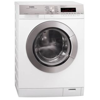 Empty AEG washing machine with digital display, knob and buttons