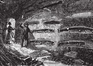 engraved illustration of roman catacombs