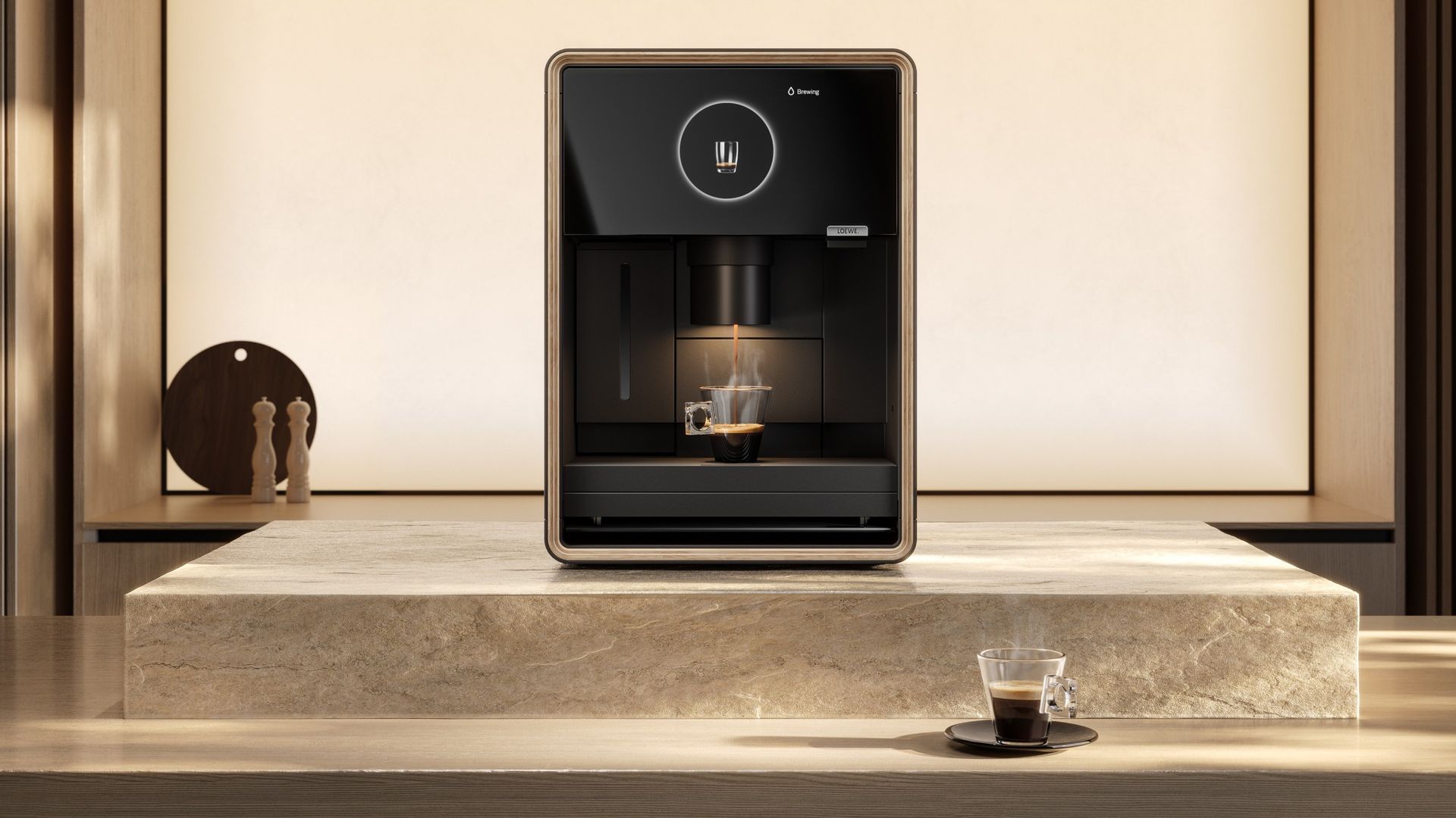 Loewe aura.matic espresso machine on marble steps