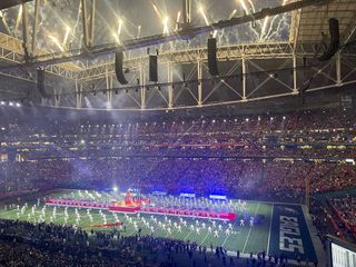 The stage alit at Super Bowl LVII ready for the halftime show and Rihanna.