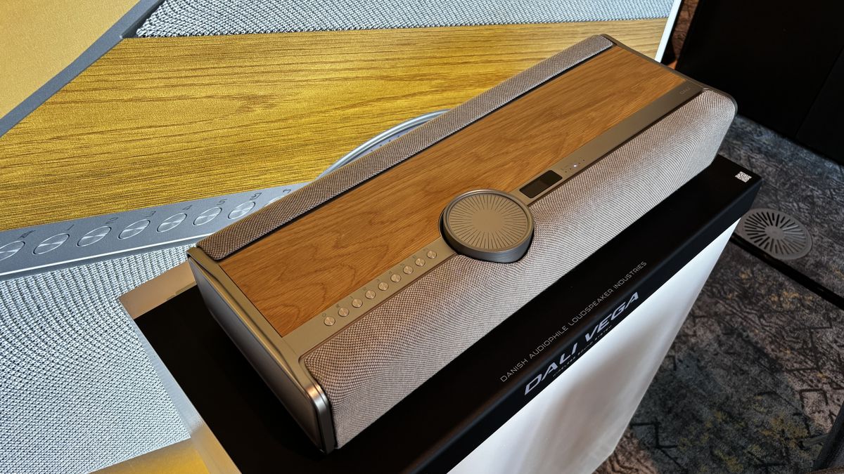 Dali Vega wireless sound system in light oak pictured from above on a stand