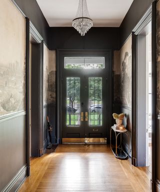 Black and white hallways with panelling and wallpaper